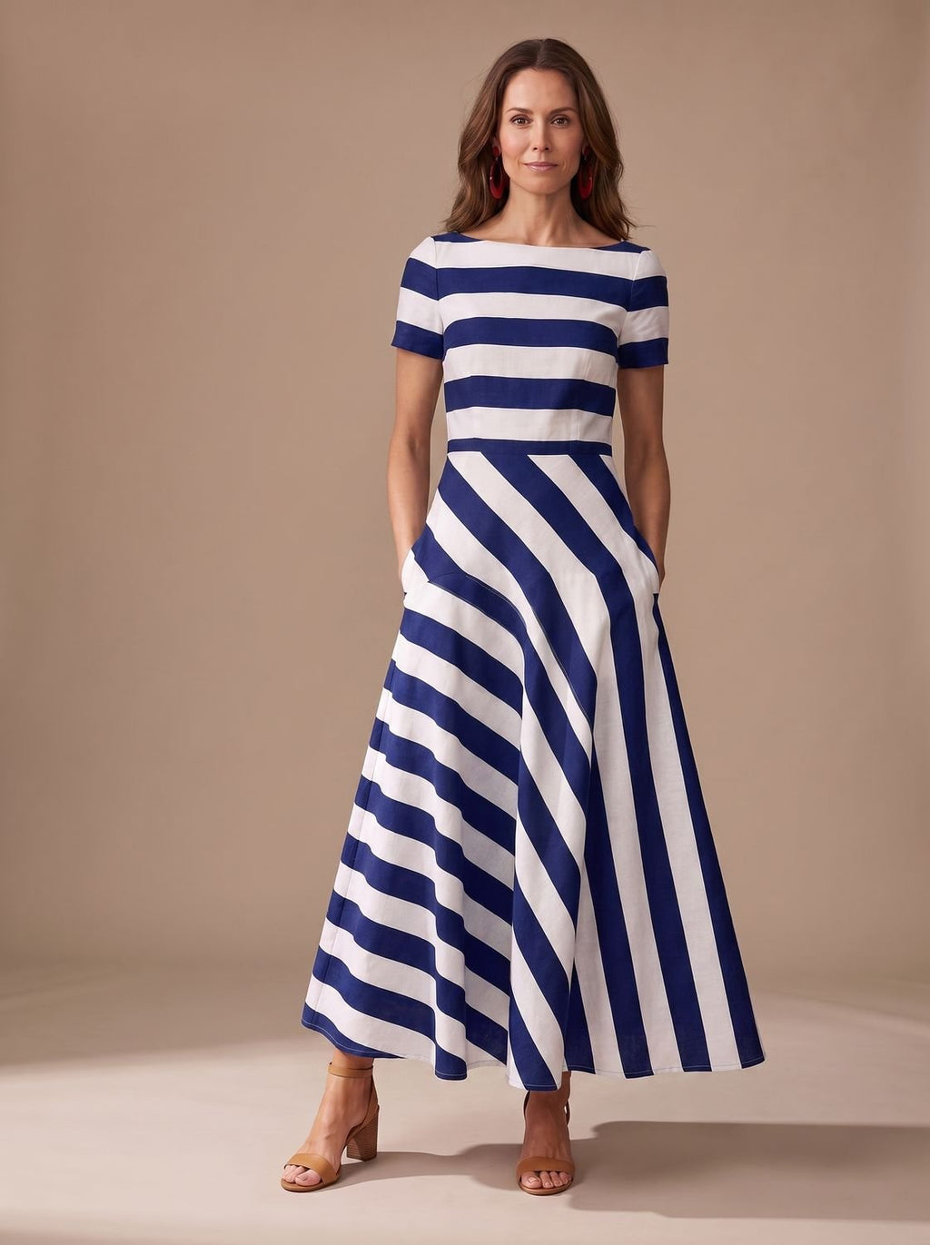 Women's Striped Short-Sleeve Boat-Neck Maxi Dress