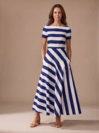 Women's Striped Short-Sleeve Boat-Neck Maxi Dress