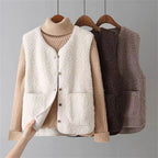 Damen-Teddyfleece-Weste mit aufgesetzten Taschen – Ärmellose Borg-Weste mit Druckknopfleiste