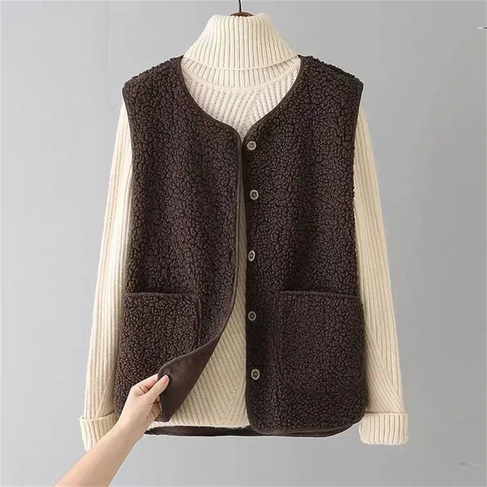 Damen-Teddyfleece-Weste mit aufgesetzten Taschen – Ärmellose Borg-Weste mit Druckknopfleiste