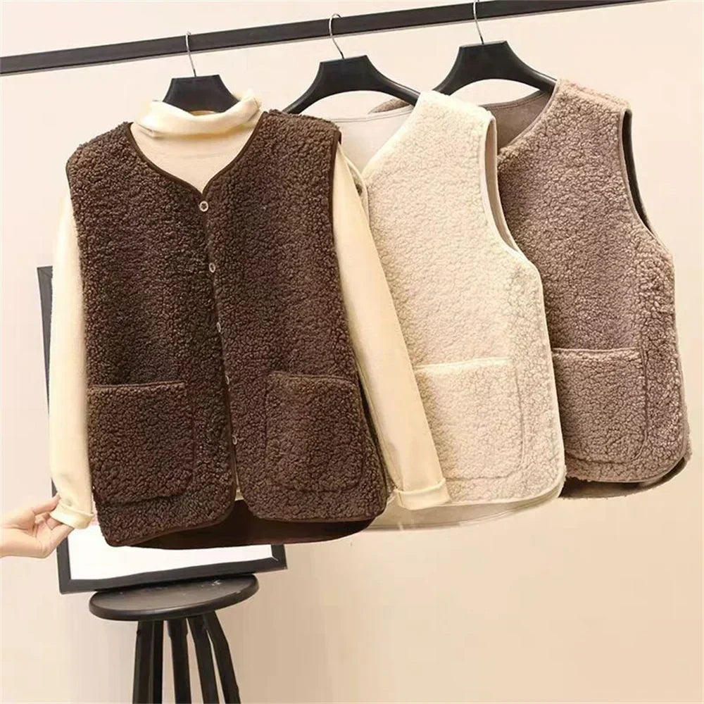Damen-Teddyfleece-Weste mit aufgesetzten Taschen – Ärmellose Borg-Weste mit Druckknopfleiste