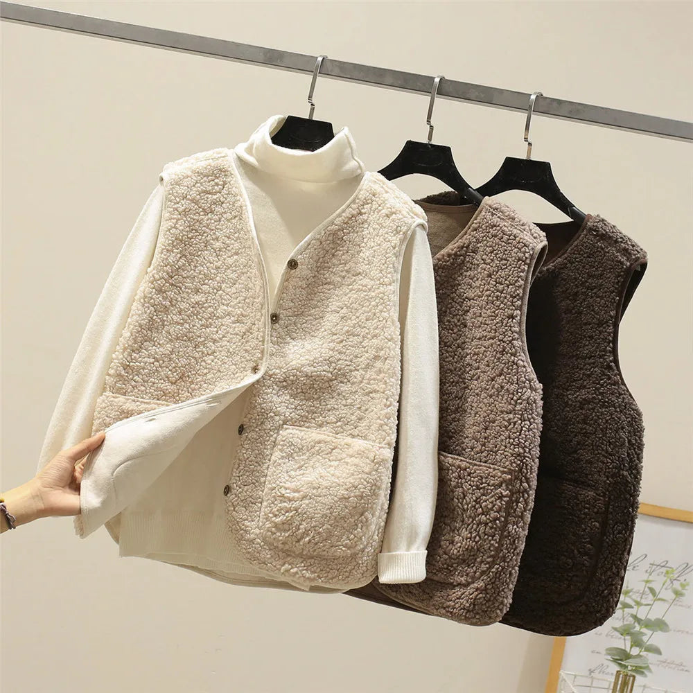 Damen-Teddyfleece-Weste mit aufgesetzten Taschen – Ärmellose Borg-Weste mit Druckknopfleiste