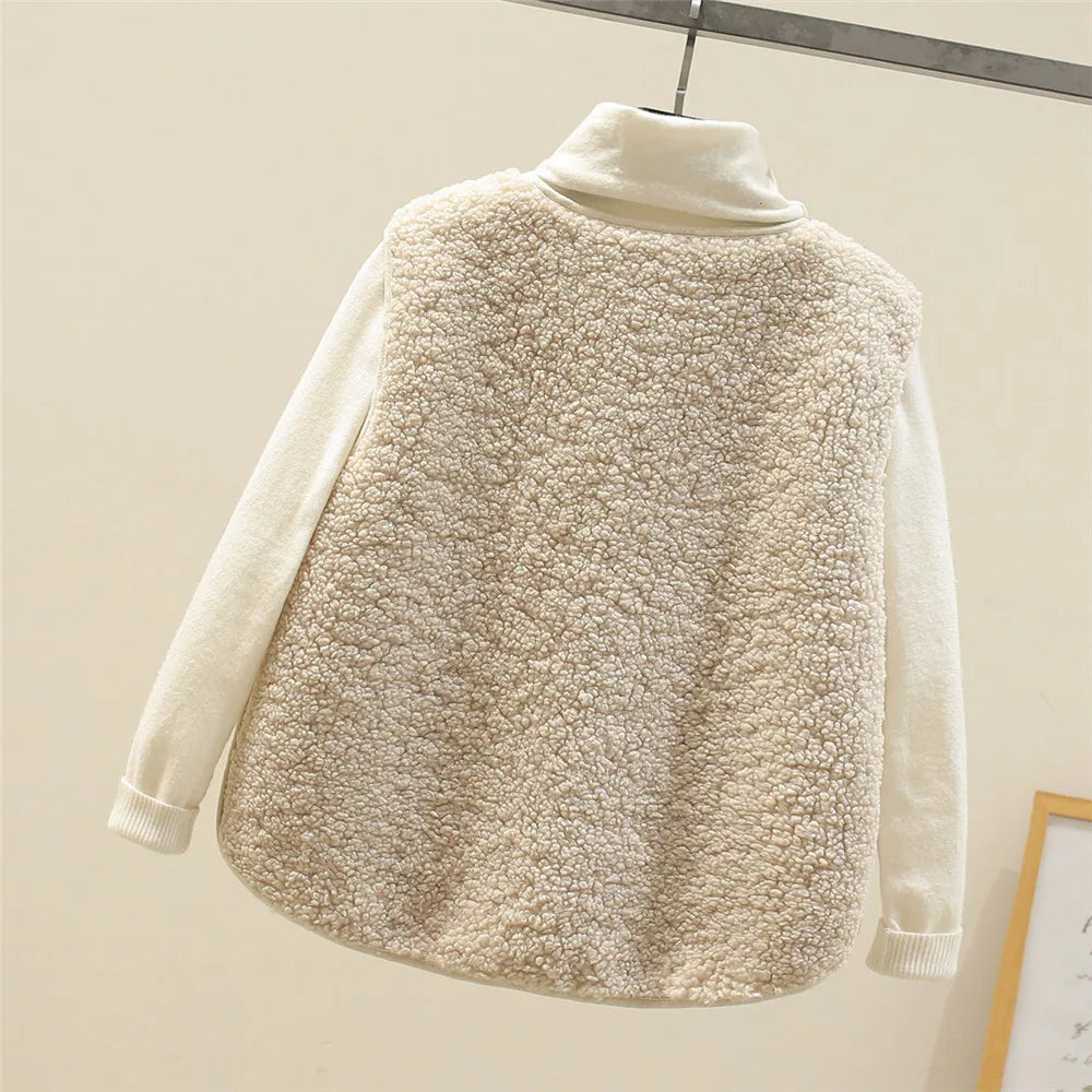 Damen-Teddyfleece-Weste mit aufgesetzten Taschen – Ärmellose Borg-Weste mit Druckknopfleiste