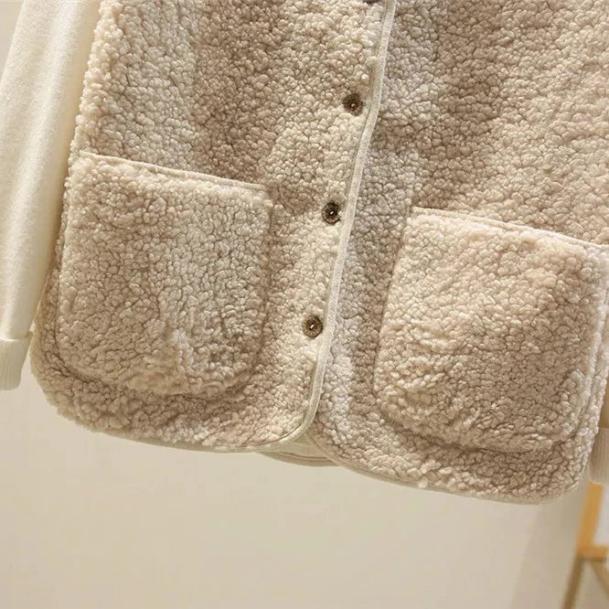 Damen-Teddyfleece-Weste mit aufgesetzten Taschen – Ärmellose Borg-Weste mit Druckknopfleiste
