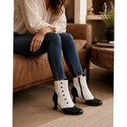 Women's Two-Tone Vintage Buttoned Spool-Heel Ankle Boots