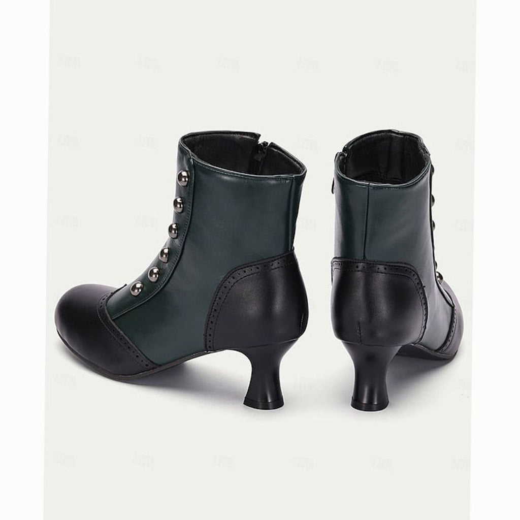 Women's Two-Tone Vintage Buttoned Spool-Heel Ankle Boots