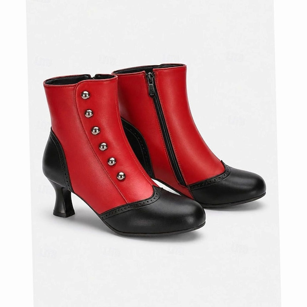 Women's Two-Tone Vintage Buttoned Spool-Heel Ankle Boots